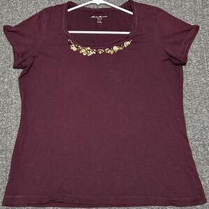 Eddie Bauer Women's Short Sleeve Blouse Burgundy Rhinestone Ruffle Collar (Sz L)